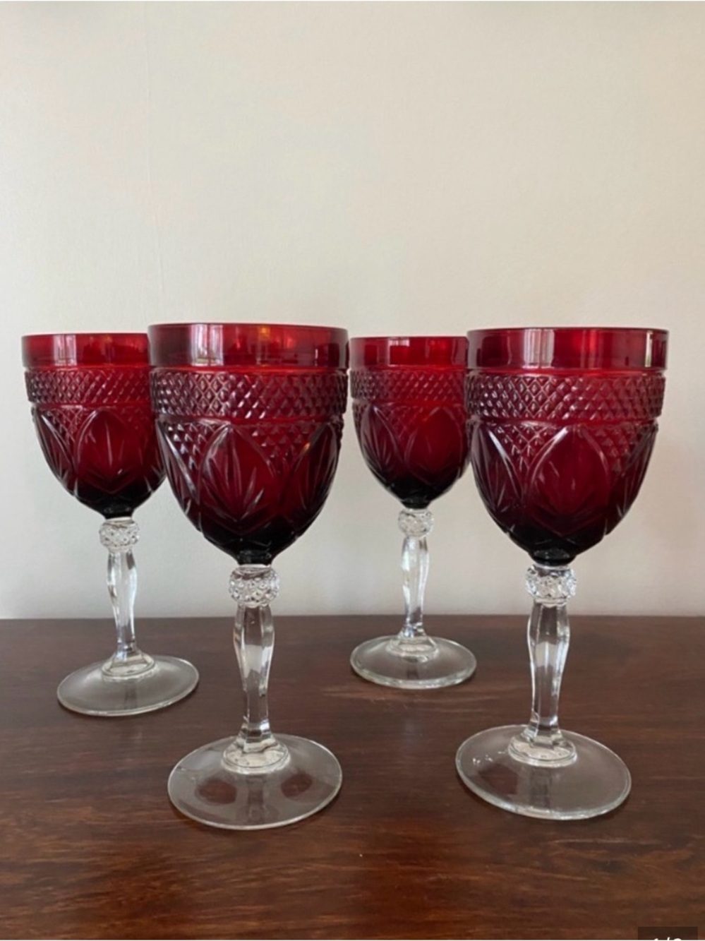 Set of 8 Ruby Red Cut-Glass Goblets - Elegant Wine Glasses